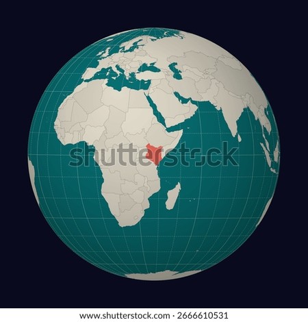 Republic of Kenya highlighted on a globe centered on the country. The image features a teal and pale mint color palette, with meridians, parallels, and geographical details. It is an alive vector illustration.