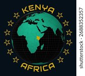 Republic of Kenya on Globe. Round country and continent name text. Country view on world map in Black Emerald color palette. Kenya shape on map. Elegant vector illustration.