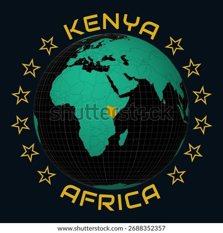 Republic of Kenya on Globe. Round country and continent name text. Country view on world map in Black Emerald color palette. Kenya shape on map. Elegant vector illustration.