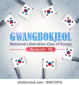 Republic of Korea Celebration Card and Greeting Message Poster Design, Grunge Style Background, Badges - "Gwangbokjeol" English "Liberation Day of Korea"