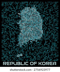 Republic of Korea digital dotted map. Shape of the country in cyan color palette on dark background. Futuristic Republic of Korea map design. Vector illustration.