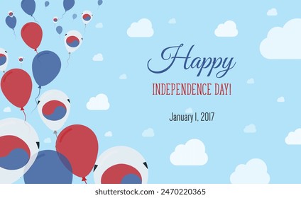 Republic of Korea  Independence Day Sparkling Patriotic Poster. Row of Balloons in Colors of the South Korean Flag. Greeting Card with National Flags, Blue Skyes and Clouds.
