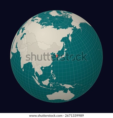 Republic of Korea on the map. Globe centered to Republic of Korea. Country location on the world map. Teal Pale Mint color palette. Globe with countries, meridians and parallels.
