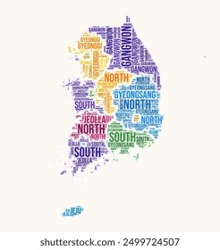 Republic of Korea regions word cloud. Country logo design. Regions typography style vector image. Republic of Korea colored text cloud. Artistic vector illustration.