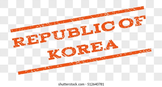 Republic Of Korea watermark stamp. Text tag between parallel lines with grunge design style. Rubber seal stamp with dust texture. Vector orange color ink imprint on a chess transparent background.