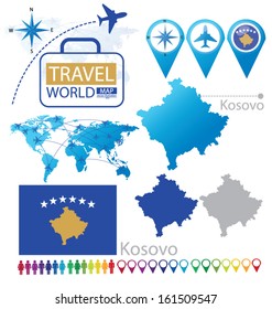 Republic of Kosovo. flag. World Map. Travel vector Illustration.
