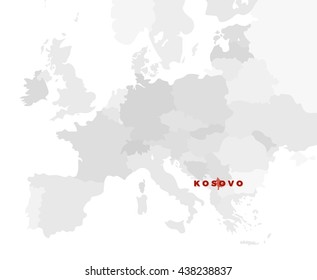 Republic of Kosovo location modern detailed map. All european countries without names. Vector template of beautiful flat grayscale map design with selected country name text and border location