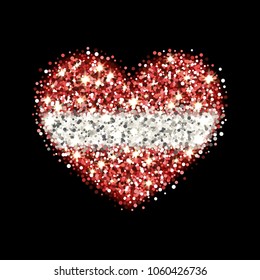 Republic of Latvia flag sparkling badge in heart shape. Icon with Latvian national colors with glitter effect. Button design. Vector illustration. One of a series of signs