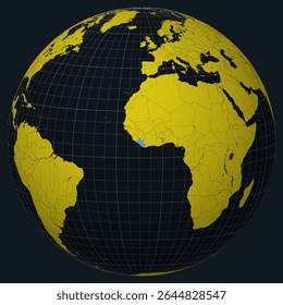 Republic of Liberia on a globe. Country view on the world map in a Charcoal Bright Yellow color palette. Liberia's shape on the map. Globe with meridians, parallels, countries, rivers, and lakes.