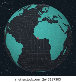 República da Libéria no Globo. Olhar vintage com textura grunge riscado. Mapa do mundo no mapa da paleta de cores de Turquesa a carvão escuro. Libéria forma no mapa. Globo com meridianos e paralelos.