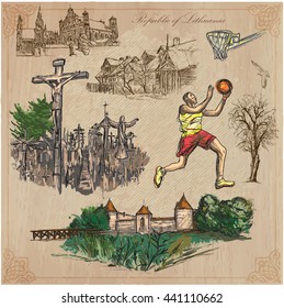 Republic of LITHUANIA. Travel collection. Pictures of Life. Hand drawn vector. Illustrations are editable by layers. All things are named inside the vector.