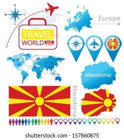Republic of Macedonia. flag. World Map. Travel vector Illustration.