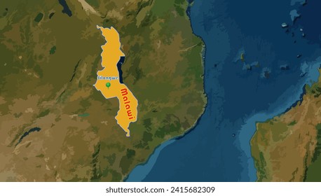 Republic of Malawi map with its Lilongwe capital city on the world background. Malawi is called Warm heart of Africa. It is landlocked country, but it is famous with the enormous Lake Malawi. 