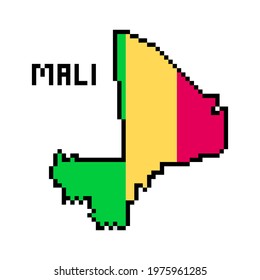 Republic of Mali, 8 bit pixel art african country map with flag isolated on white background. Old school vintage retro 80s, 90s computer, video game graphics. Slot machine design element.