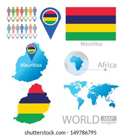 Republic of Mauritius. flag. World Map. vector Illustration.