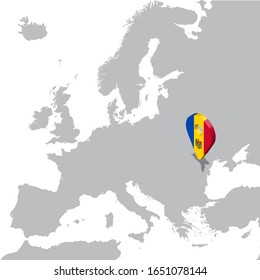 Republic of Moldova  Location Map on map Europe. 3d Moldova  flag map marker location pin. High quality map of Moldova.  Vector illustration EPS10.