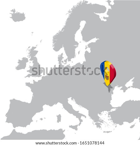 Republic of Moldova  Location Map on map Europe. 3d Moldova  flag map marker location pin. High quality map of Moldova.  Vector illustration EPS10.