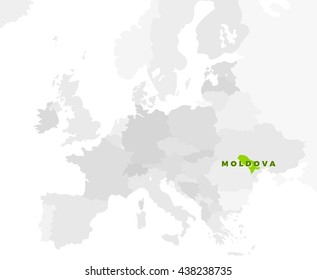 Republic of Moldova location modern detailed map. All european countries without names. Vector template of beautiful flat grayscale map design with selected country name text and border location