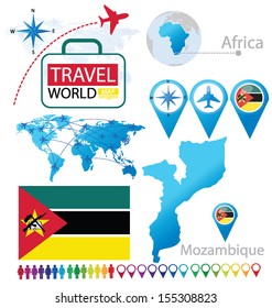 Republic of Mozambique. flag. World Map. Travel vector Illustration.