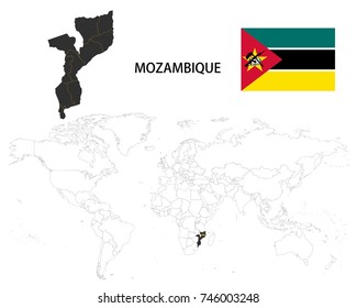 Republic of Mozambique map on a world map with flag on white background.
