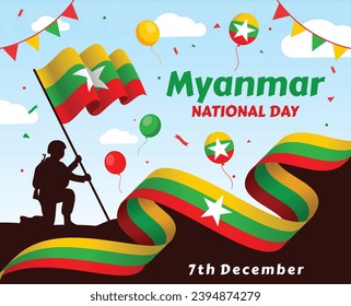 Republic of Myanmar flag and text in circle, Republic of the Union of Myanmar Independence Day. White background. Vector, illustration

