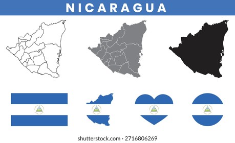 Republik Nicaragua Karte und Flagge Vektor Set mit Abteilungen Outline