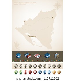 Republic of Nicaragua and North America Maps plus cartography symbols set (part of the World Maps Set)