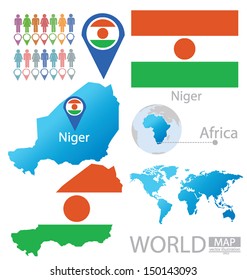 Republic of Niger. flag. World Map. vector Illustration.