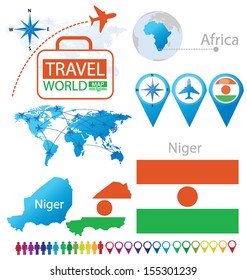 Republic of Niger. flag. World Map. Travel vector Illustration.