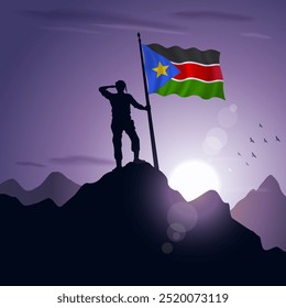 Republic of North Sudan Flag hoisted on a mountain peak with a purplish sunset in the background, vector illustration