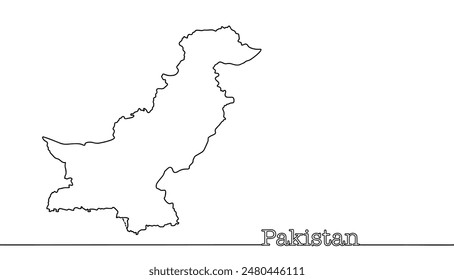Republic of Pakistan. Silhouette of a Muslim country drawn in a continuous line. Black and white illustration. Geographic map.