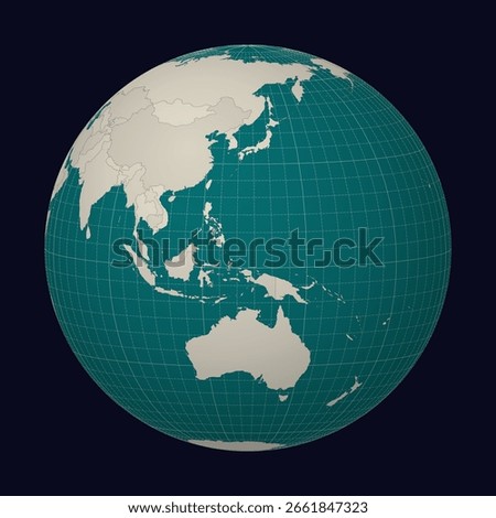 Republic of Palau on the map. Globe centered to Palau. Country location on the world map. Teal Pale Mint color palette. Globe with countries, meridians and parallels. Beautiful vector illustration.