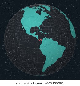 Republic of Panama on Globe. Vintage look with grunge scratched texture. Country view on world map in Dark Charcoal Turquoise color palette. Panama shape on map. Globe with meridians and parallels.