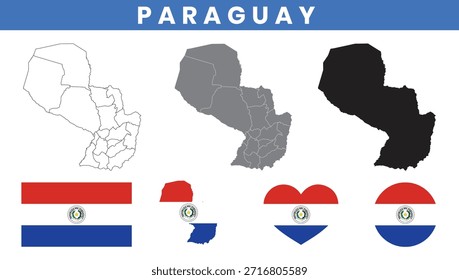 Mapa de la República del Paraguay y Vector de la bandera con el esquema de los departamentos.