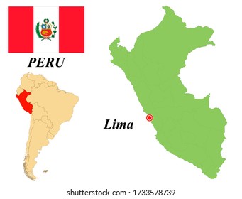 Republic of Peru. The Capital Is Lima. Flag Of Peru. Map of the continent of South America with country borders. Vector graphics.