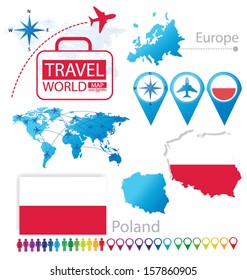 Republic of Poland. flag. World Map. Travel vector Illustration.