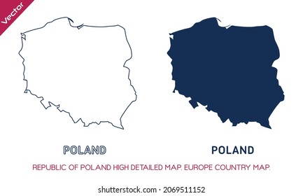 DIE REPUBLIK POLEN HOCH detaillierte Karten der Länder der Europäischen Union. Vektorgrafik und blaue Silhouettenkarte von POLEN einzeln auf weißem Hintergrund. Politische Karte, Europakarte, Weltkarte