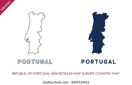 REPUBLIC OF  PORTUGAL Highly detailed maps of European Union countries. vector outline and blue silhouette map of PORTUGAL isolated on white background. Political map, map of Europe, world map