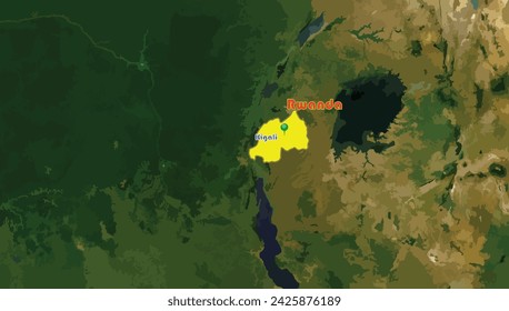 Republic of Rwanda country map and Kigali, its capital city on the world background. It is a landlocked country in the Great Rift Valley of Central Africa. Famous with rainforests, mount Bisoke summit
