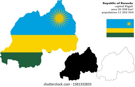 Republic of Rwanda vector map, flag, borders, mask , capital, area and population infographic
