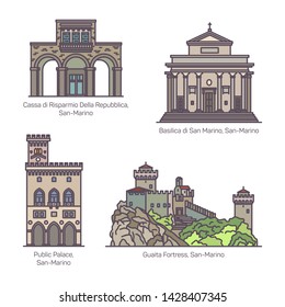 Republic of San Marino famous monuments or landmarks. Cassa di Risparmio Della Repubblica, Basilica and Public palace, Guaita fortress or castle. Architecture and sightseeing, tourism theme