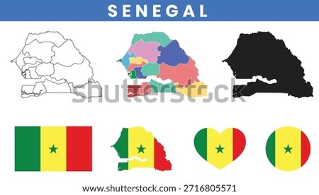Republic of Senegal Map and Flag Vector Set with Regions Outline