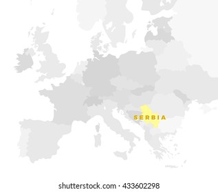 Republic of Serbia location modern detailed map. All european countries without names. Vector template of beautiful flat grayscale map design with selected country name text and Serbia border location