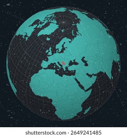 Republic of Serbia on Globe. Vintage look with grunge scratched texture. Country view on world map in Dark Charcoal Turquoise color palette. Serbia shape on map. Globe with meridians and parallels.