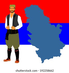 Mapa vectorial de la República de Serbia aislado en el fondo de la bandera serbia. Ilustración detallada. Retrato de un hombre en el tradicional vector de vestimenta serbia aislado. Serbia viste, cultura folklórica balcánica. 