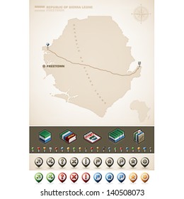Republic of Sierra Leone and Africa maps, plus extra set of isometric icons & cartography symbols set