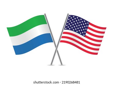 The Republic of Sierra Leone and America crossed flags. Sierra Leonean and American flags on white background. Vector icon set. Vector illustration.