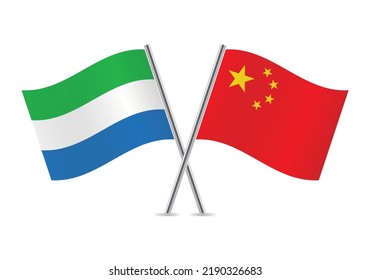 The Republic of Sierra Leone and China crossed flags. Sierra Leonean and Chinese flags on white background. Vector icon set. Vector illustration.