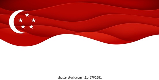 Republic of Singapore flag in paper cut style. Singapore national flag with red and white waves. Abstract 3d background with country symbol crescent and stars. Vector papercut illustration