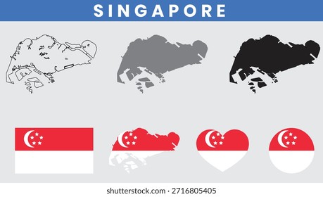 Mapa da República de Singapura e conjunto de vetor da bandeira